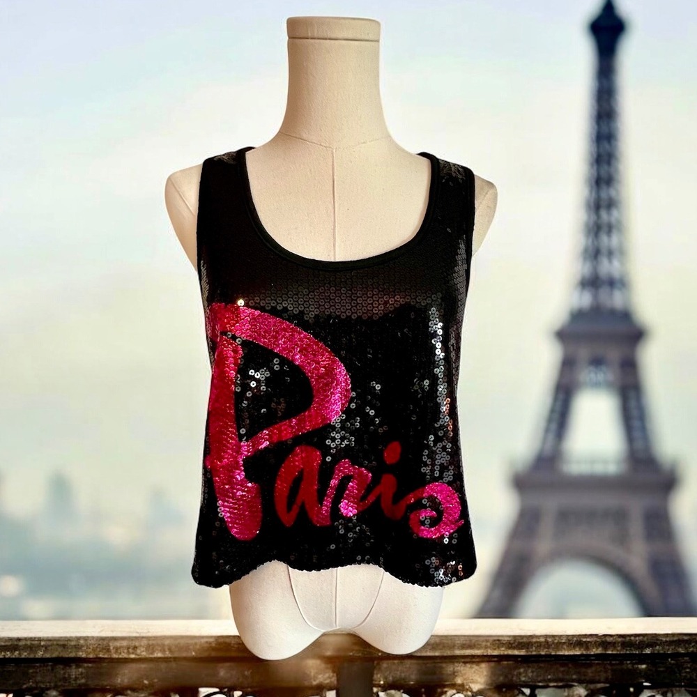 Julies Closet Womens Paris Sequin Crop Tank Top‎ Black Pink Size L Made in USA